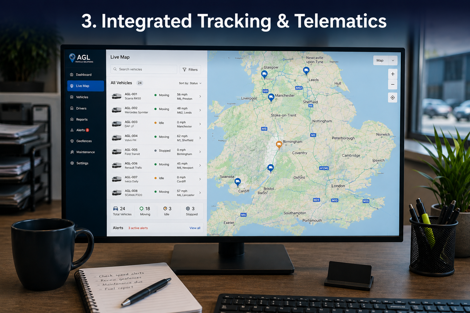 Integrated fleet telematics and GPS vehicle tracking platform dashboard