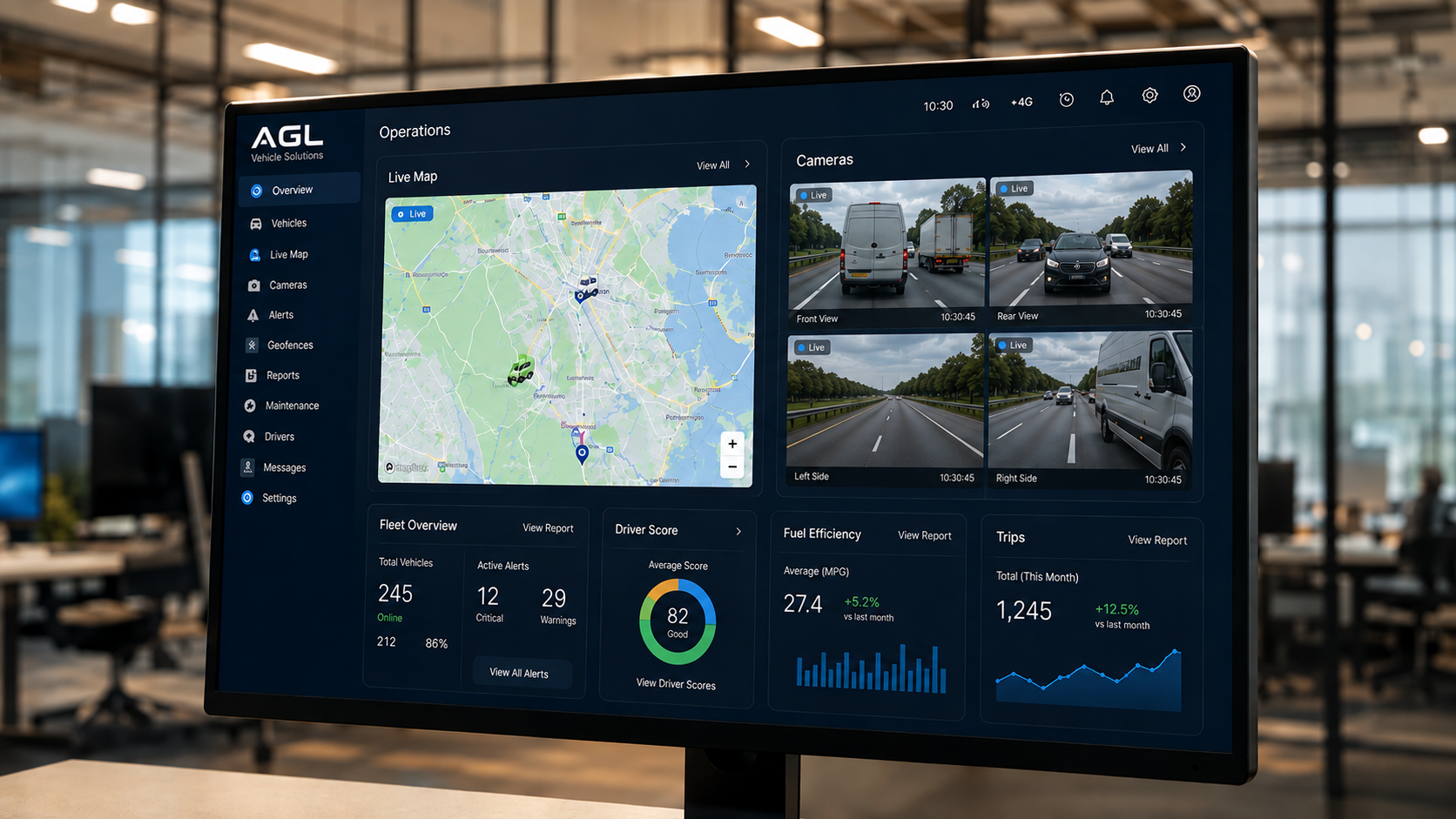 AI fleet safety dashboard showing vehicle tracking and camera footage