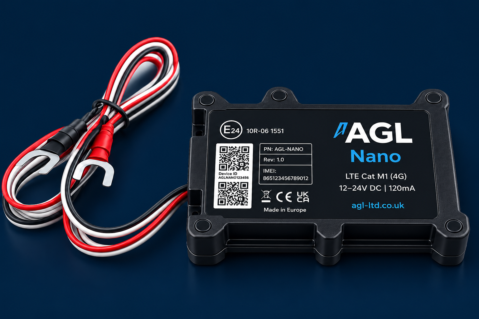 AGL Nano self-install tracker unit ready to connect to a vehicle