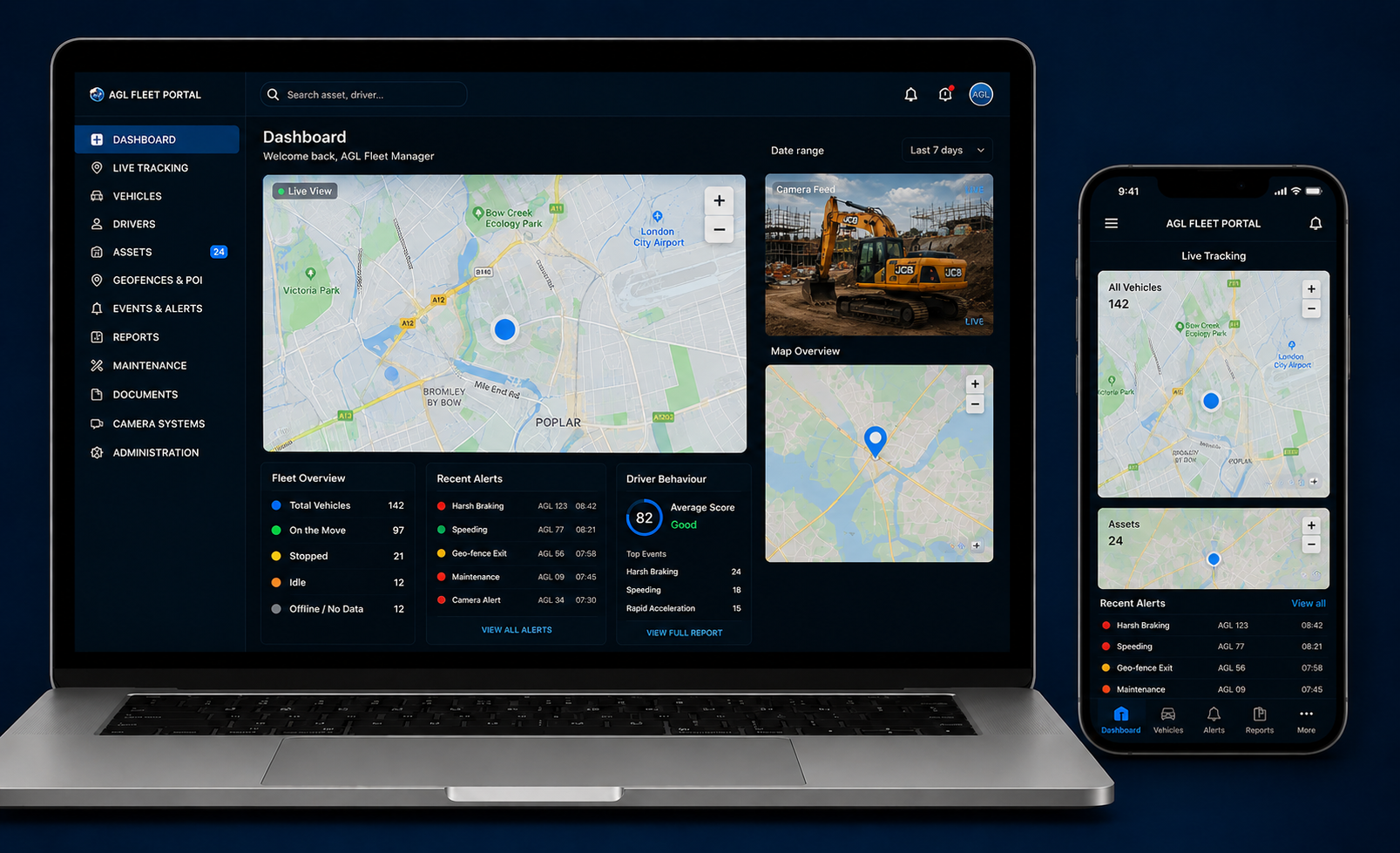 AGL construction fleet tracking platform displayed on laptop and mobile