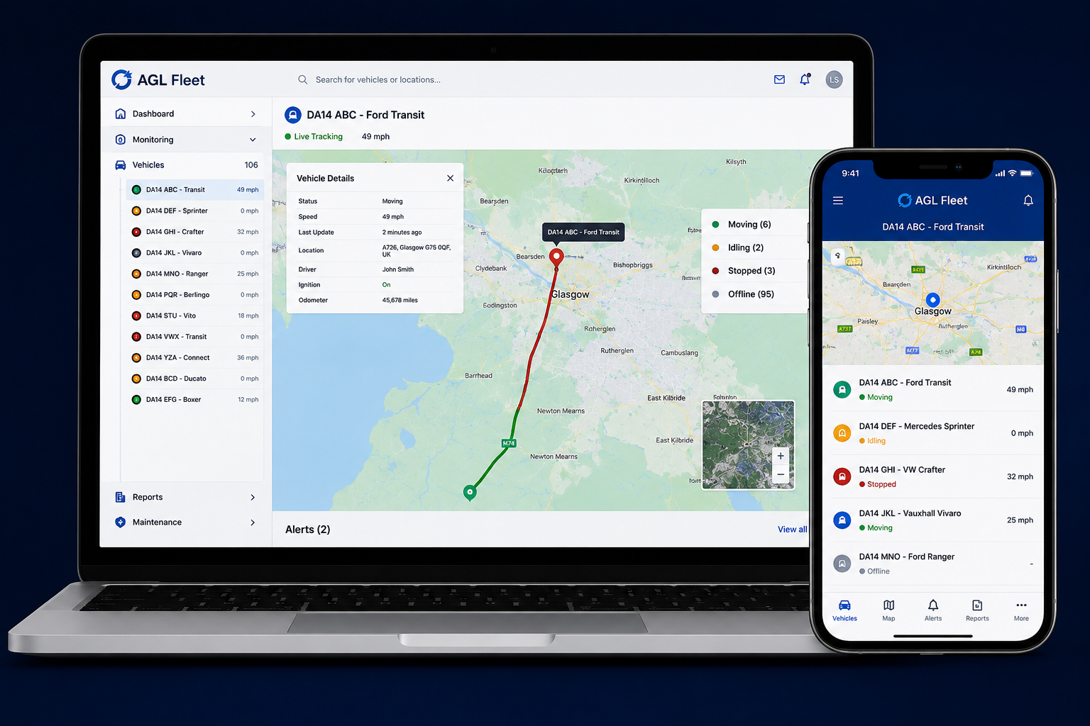 AGL fleet platform showing vehicle location and tracking data