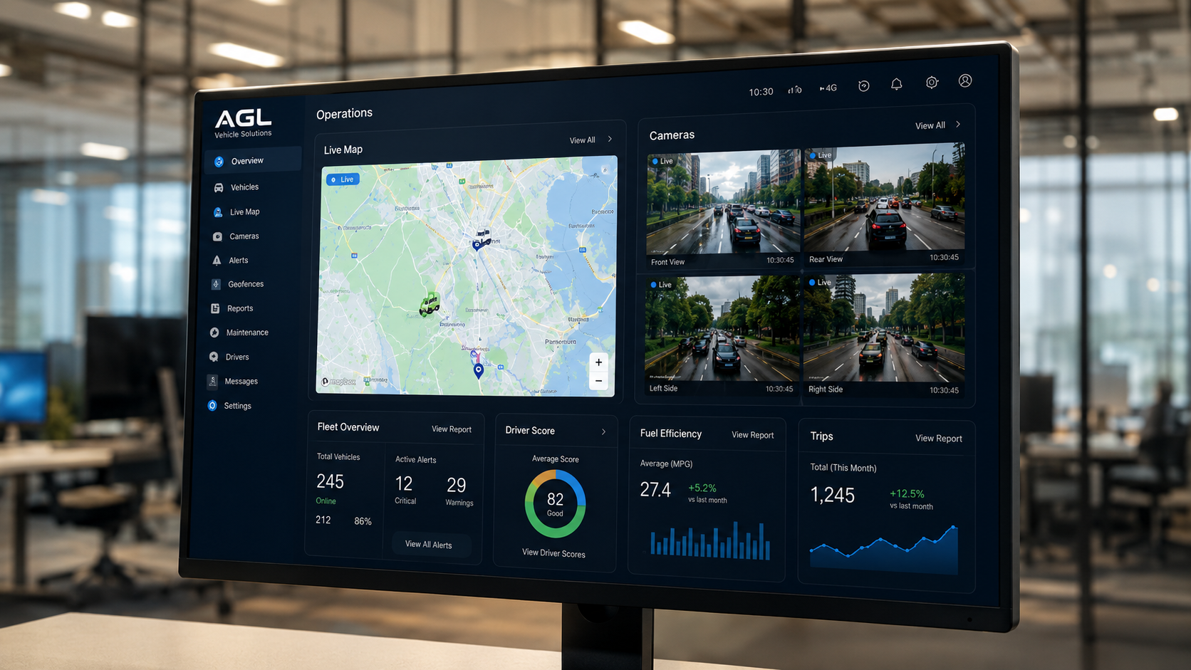 AI fleet safety dashboard showing vehicle tracking and camera footage