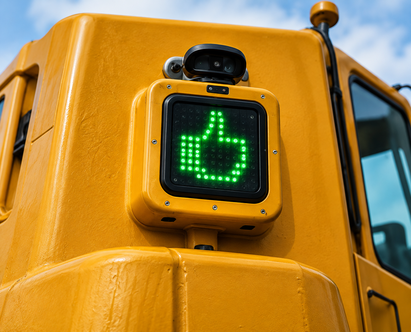 Green HFR thumbs up external pedestrian safety indicator