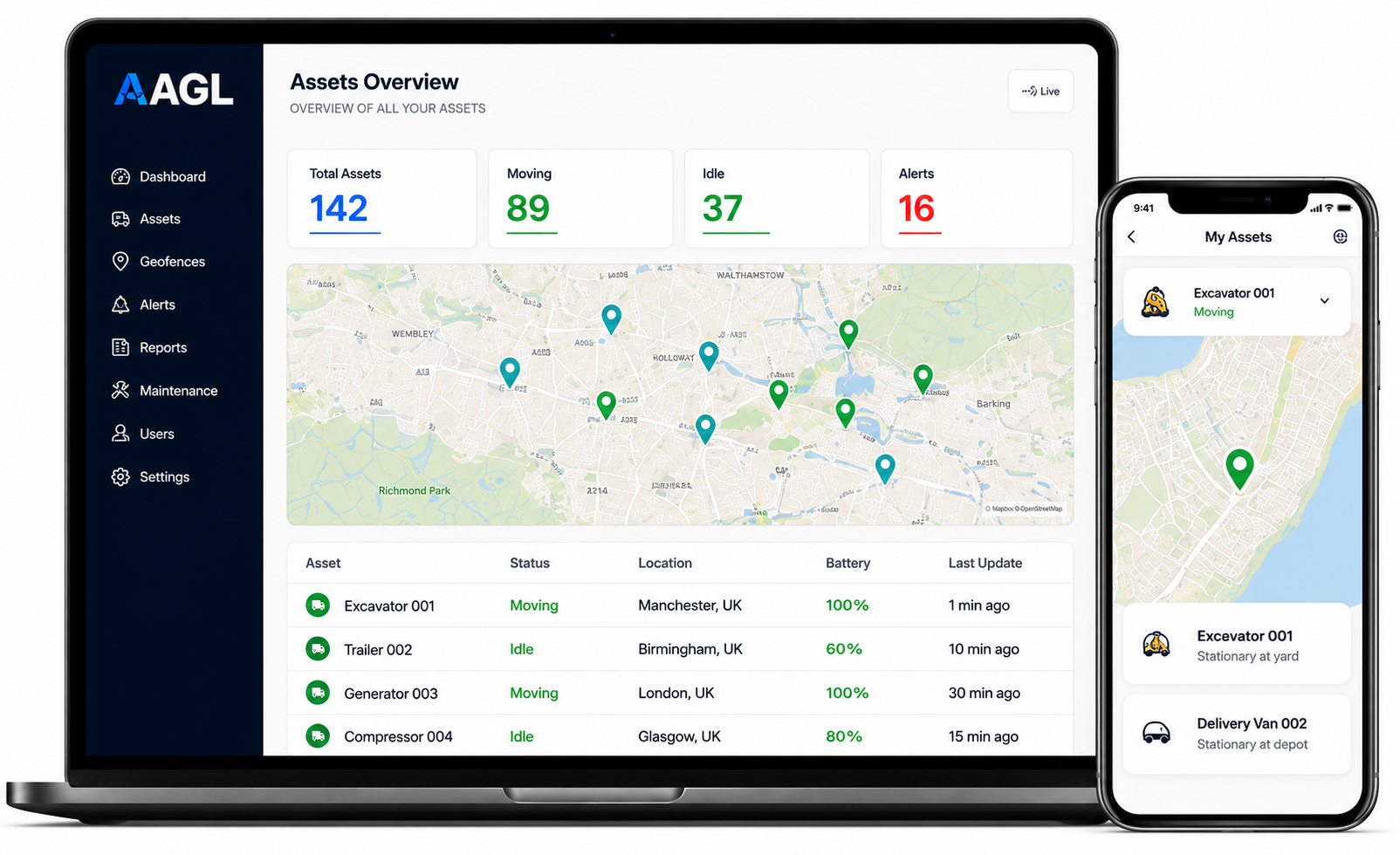 AGL Vehicle Solutions asset tracking platform showing fleet and equipment locations