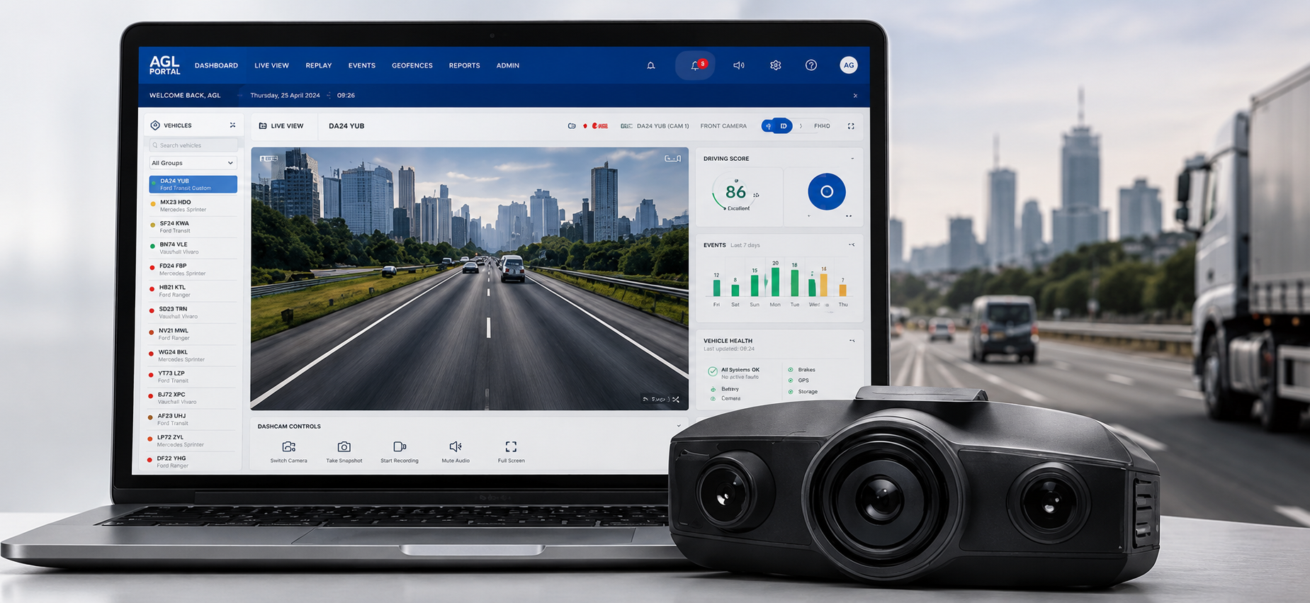 CamiQ AI fleet camera system with live video telematics dashboard