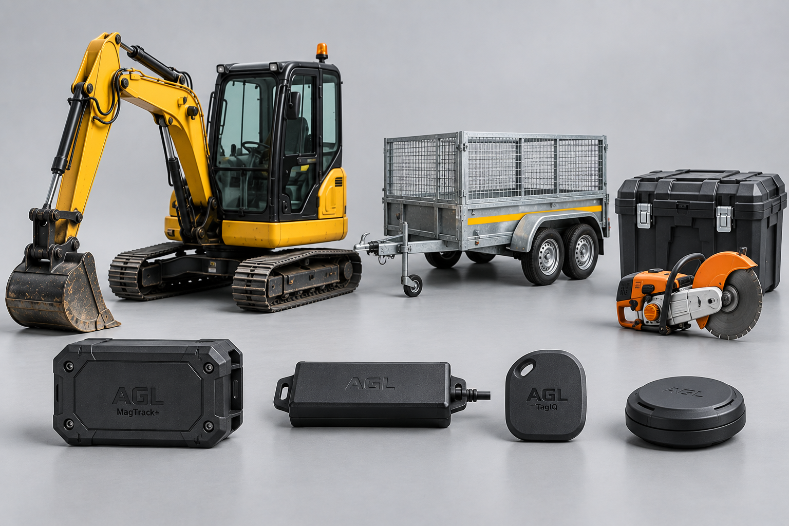 Construction plant, trailer and tools alongside AGL GPS trackers and Bluetooth asset tags for different tracking needs