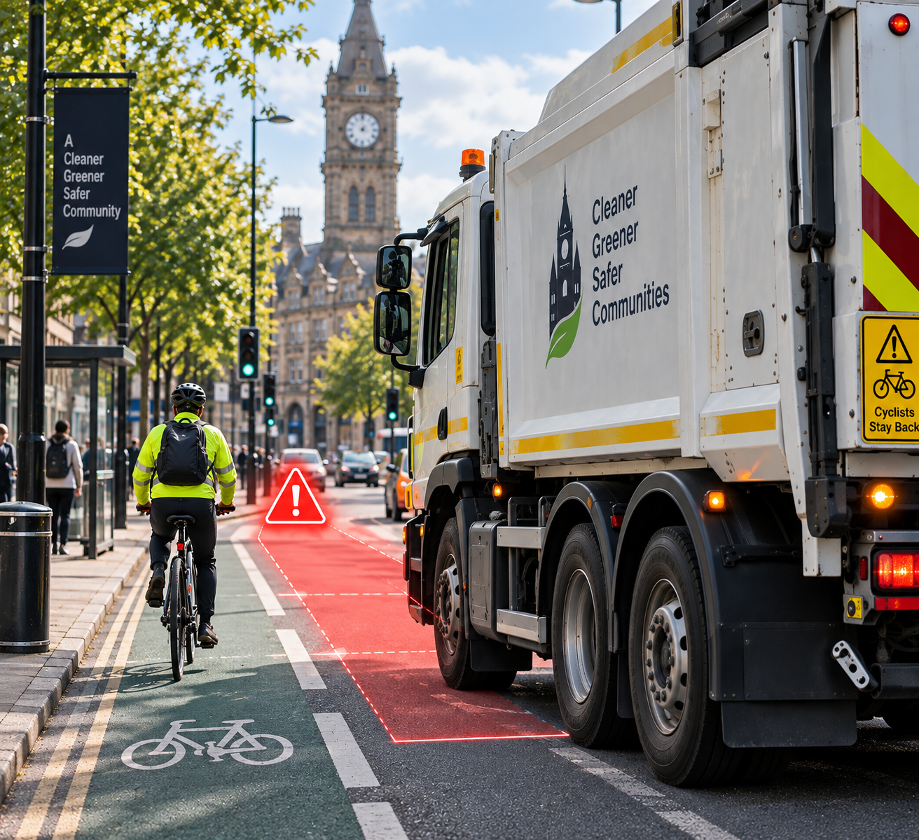 Cyclist alongside a commercial vehicle illustrating blind-spot risks for council fleets
