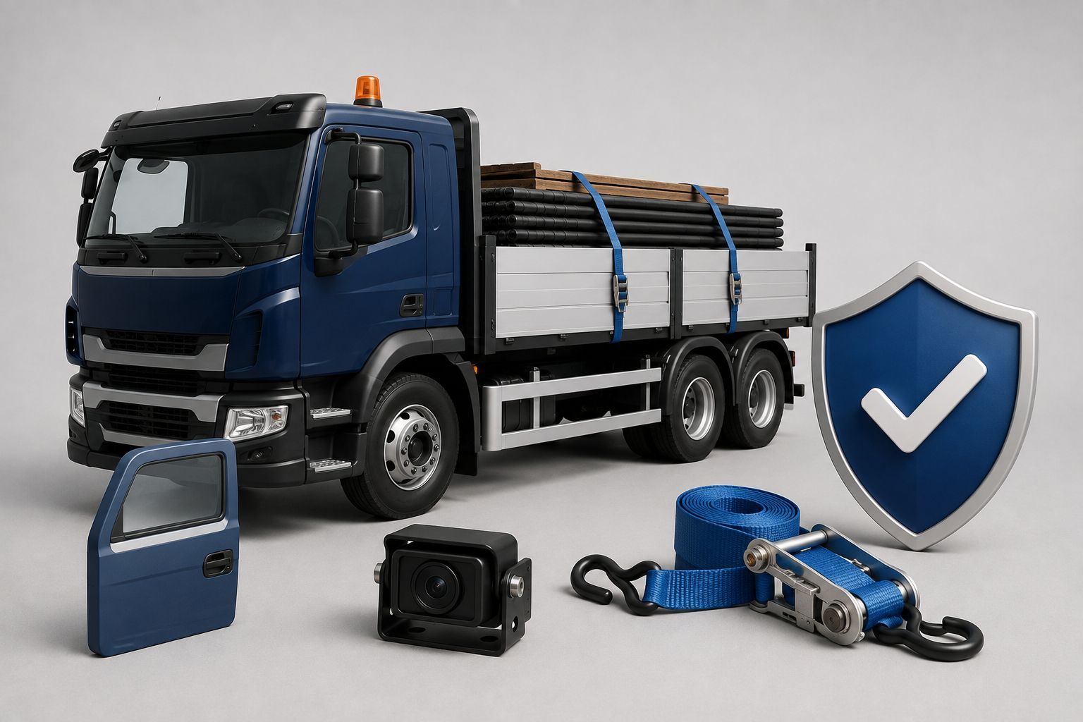 Commercial truck with secured load, safety camera and equipment for daily vehicle checks