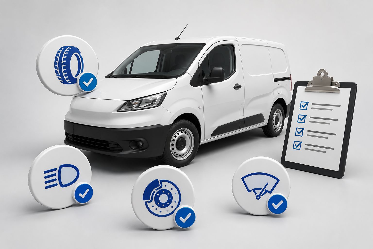 Commercial van with daily vehicle check symbols for tyres, lights, brakes and wipers.