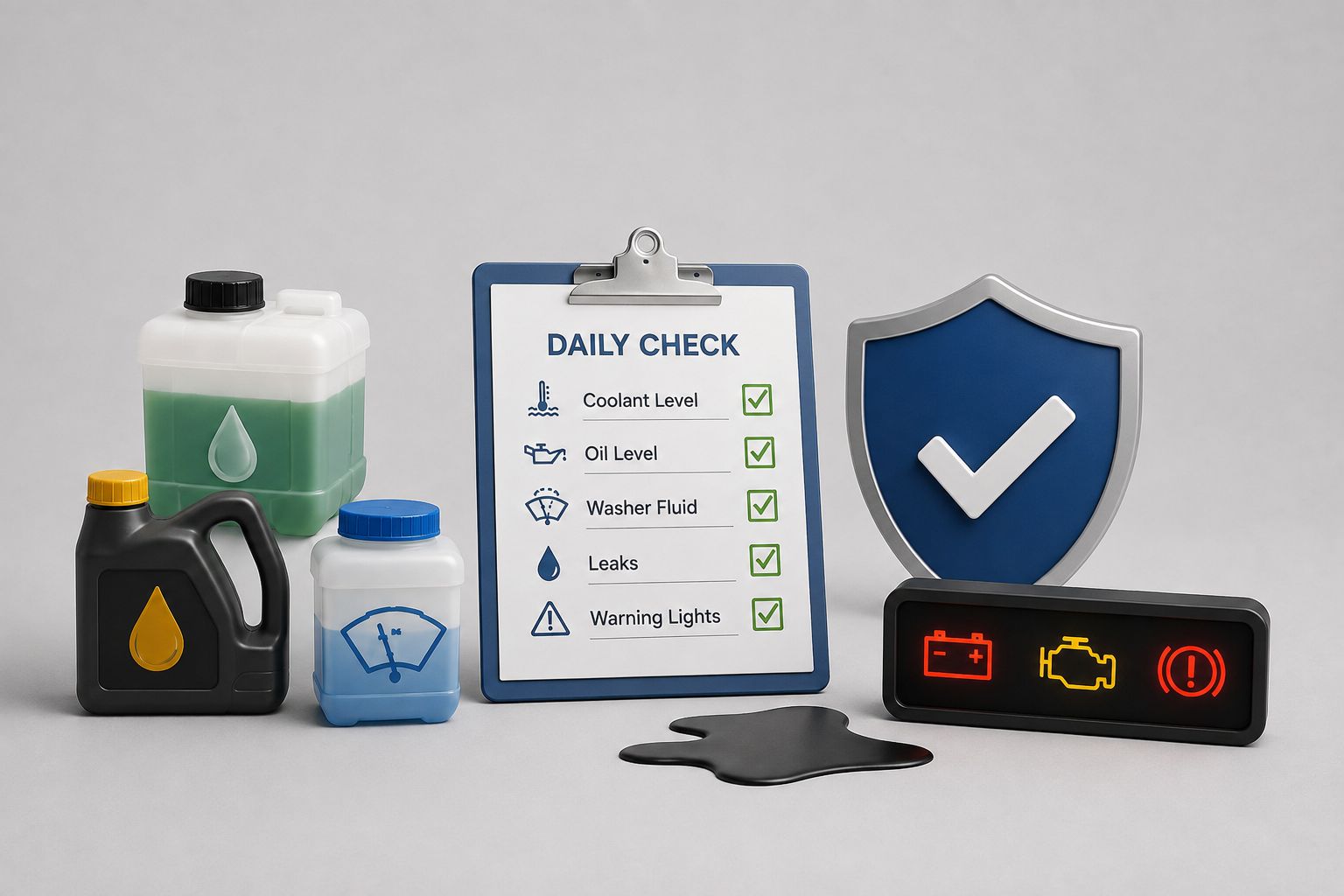 Commercial vehicle fluids, leaks and dashboard warning lights check