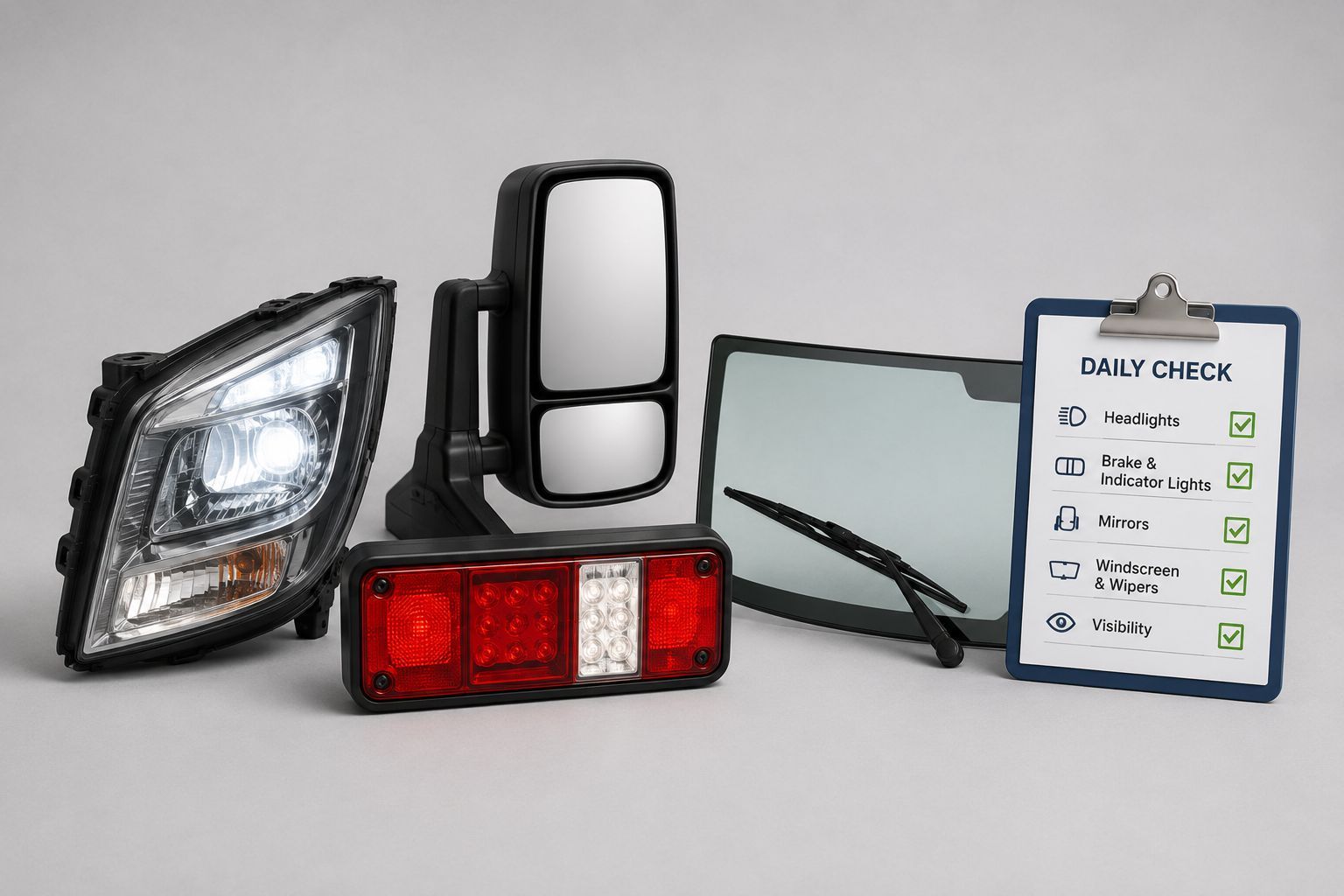 Commercial vehicle lights, mirrors and visibility checks before a journey