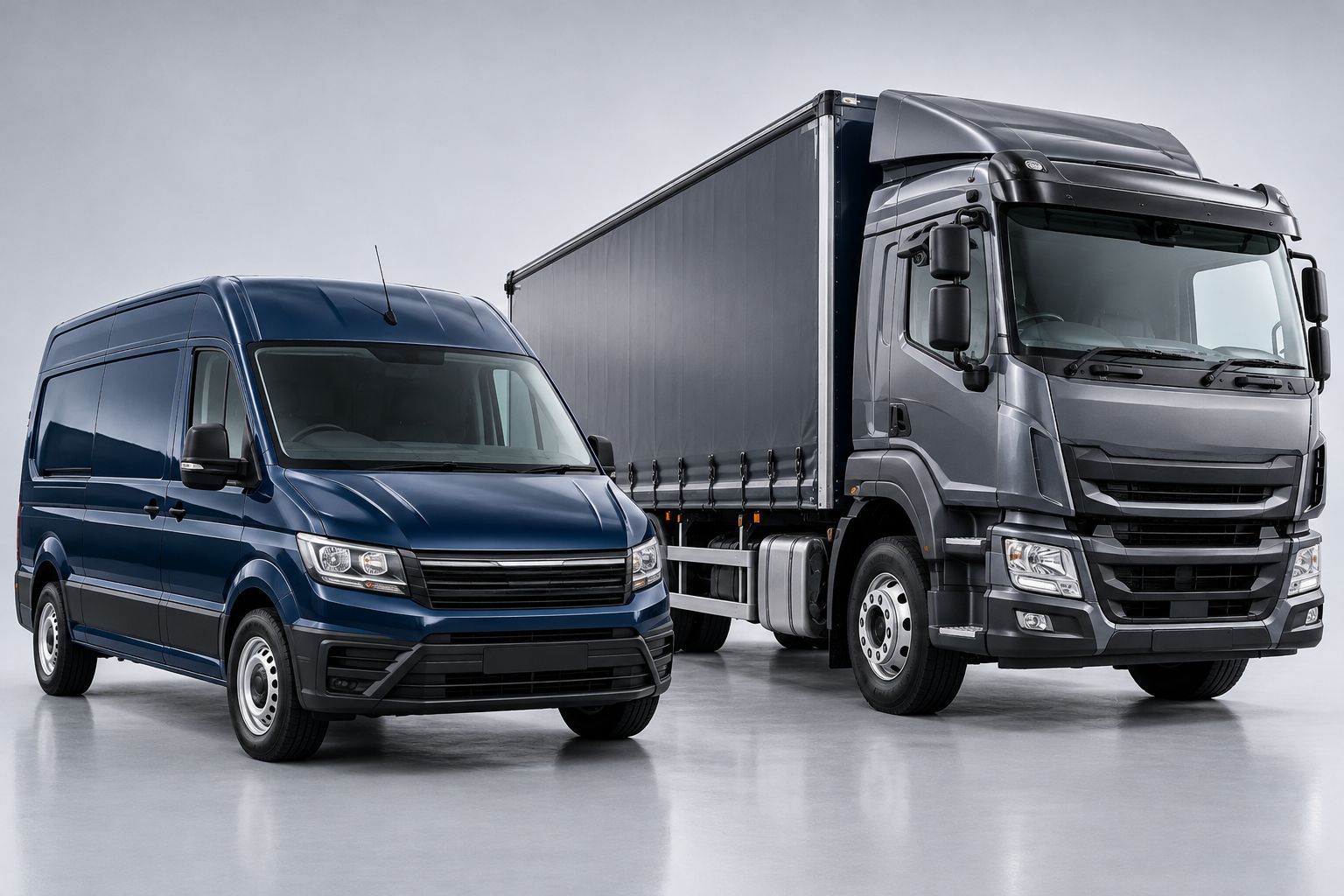 Blue commercial van and grey HGV illustrating different vehicle types that may benefit from dash cam or MDVR fleet camera systems.