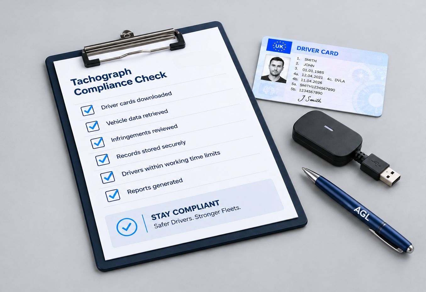Tachograph compliance checklist with driver card, download device and completed reporting checks on a grey studio background.