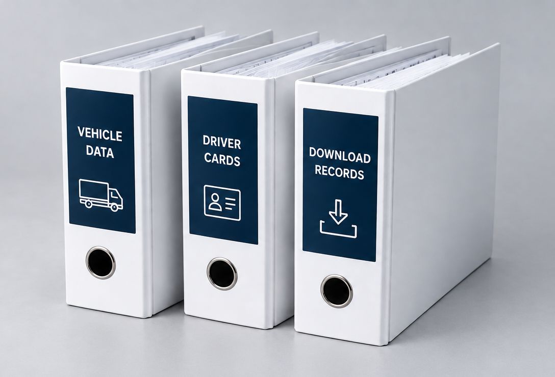 Three organised folders for vehicle data, driver cards and tachograph download records.