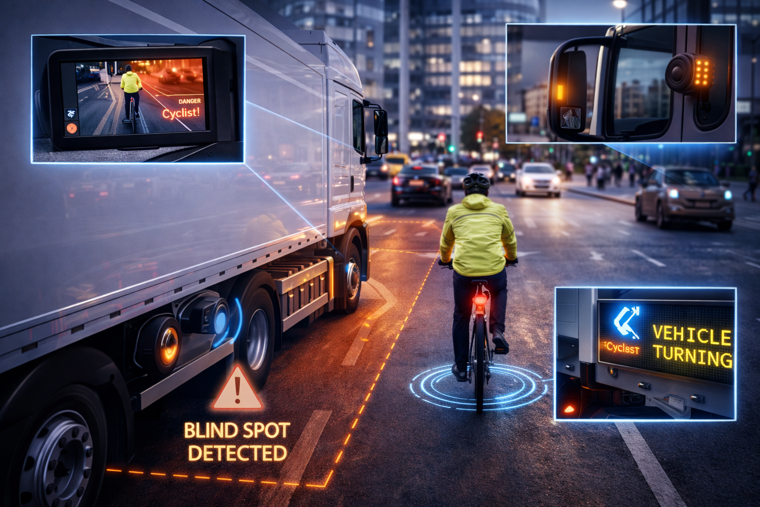 DVS blind spot detection camera system protecting cyclists and vulnerable road users