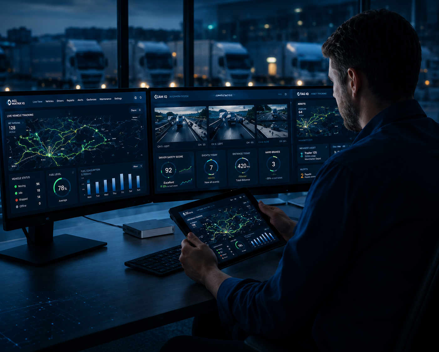Fleet manager monitoring live vehicle tracking and telematics dashboards