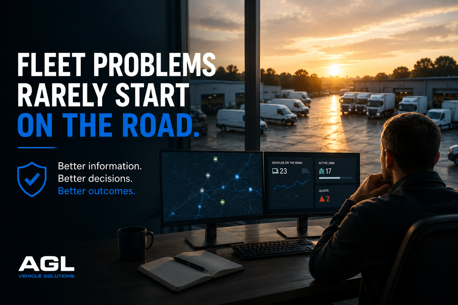 Fleet operations control room overlooking a depot with real-time vehicle visibility.