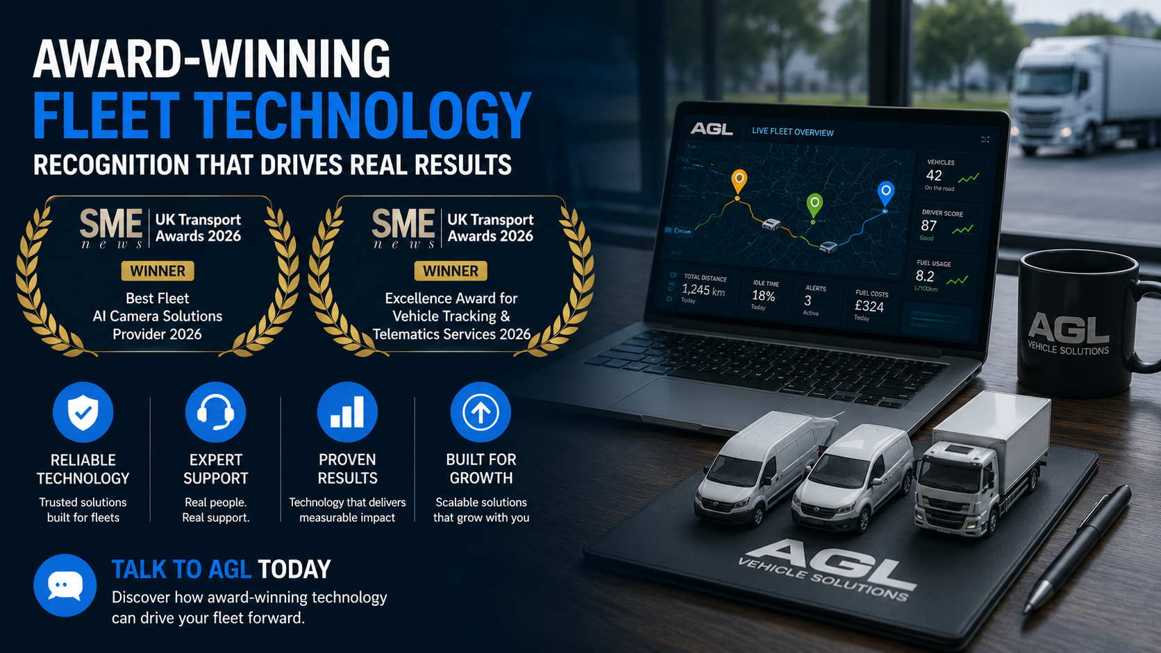 Award-winning fleet technology from AGL Vehicle Solutions with tracking dashboard and UK awards.