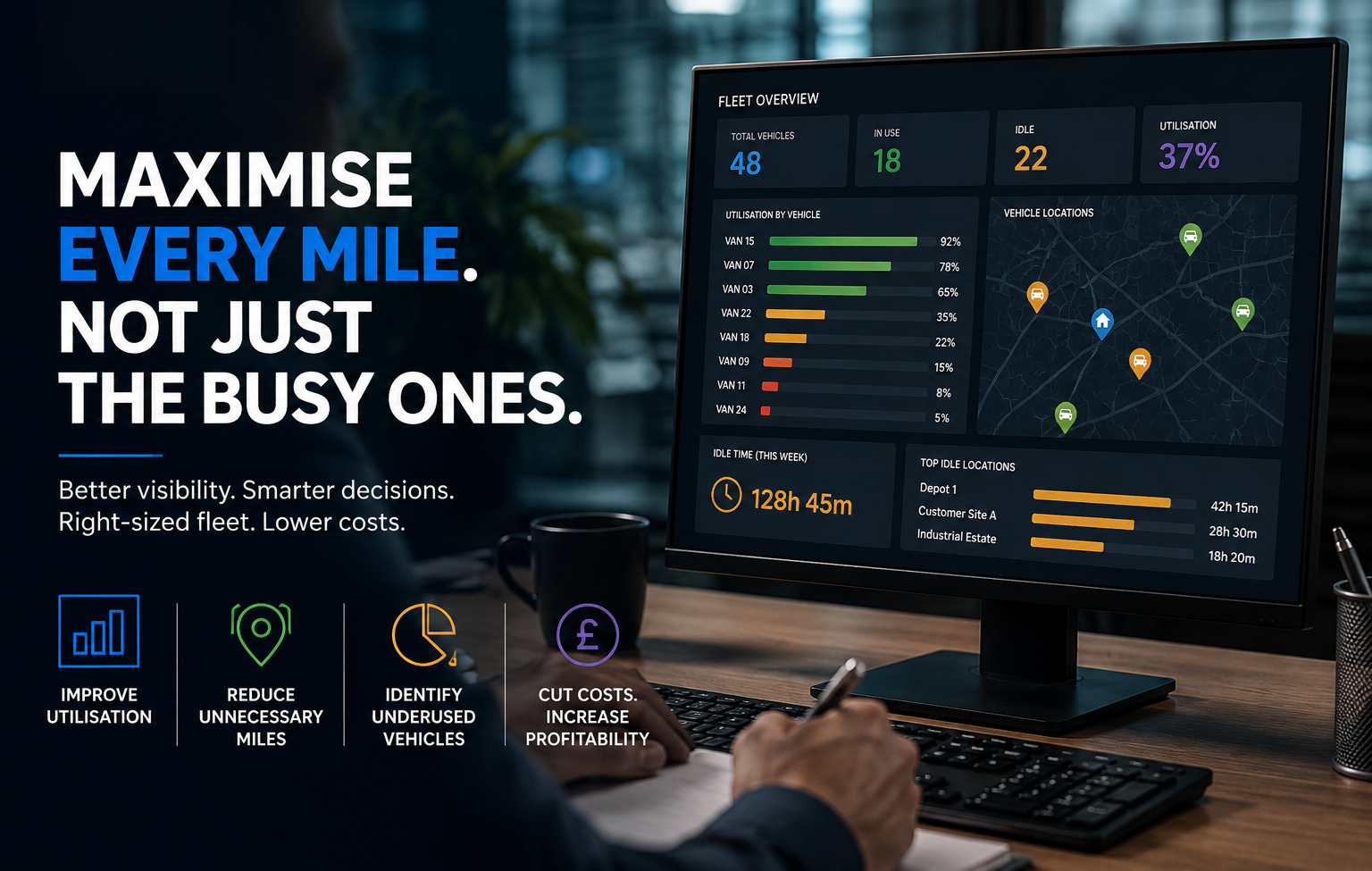 Fleet dashboard showing vehicle utilisation data and operational performance insights.