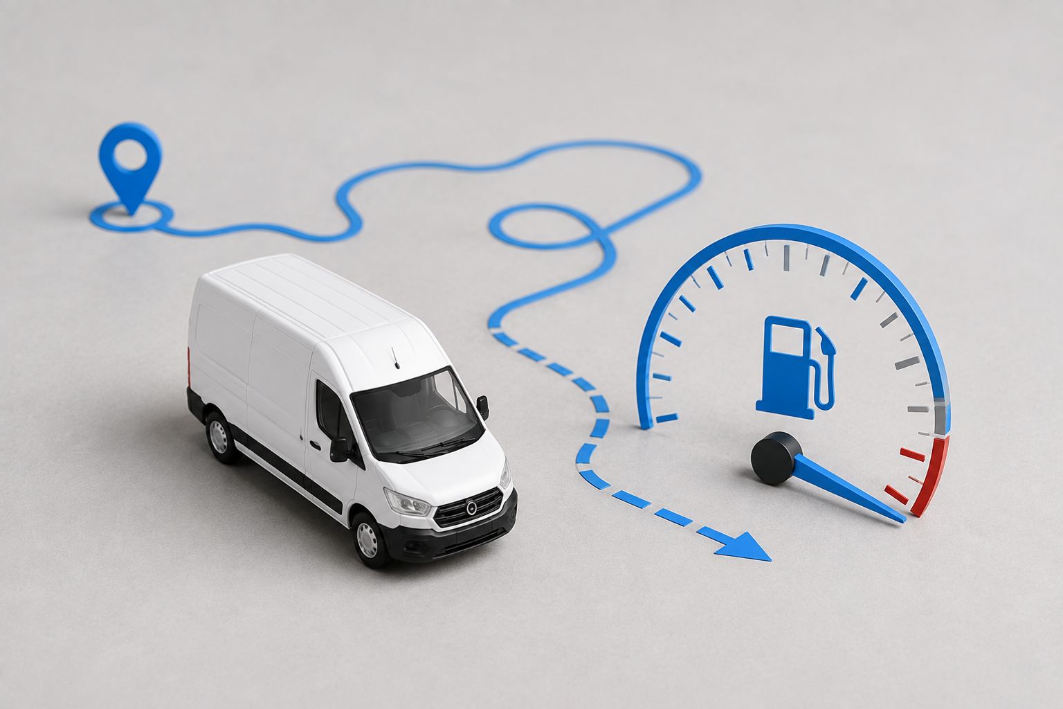 Commercial van with fuel gauge and inefficient route illustration.