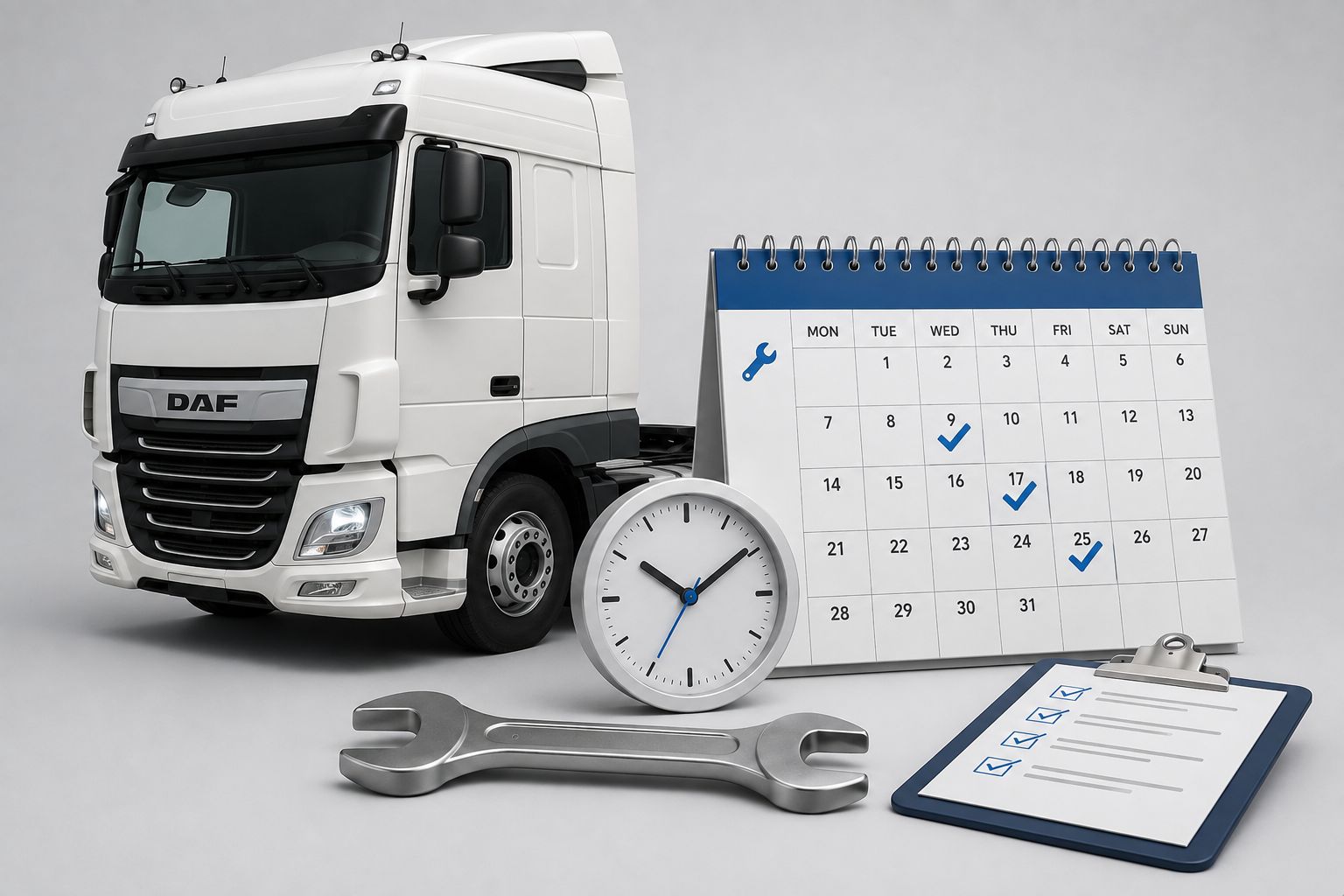Commercial van with calendar, tools and checklist for MOT, servicing and planned fleet maintenance.