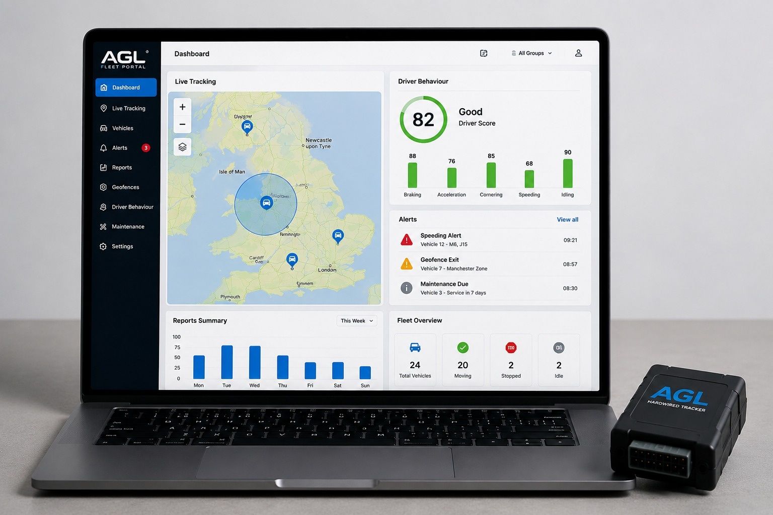 Fleet tracking dashboard showing live tracking, driver behaviour, alerts and reports.