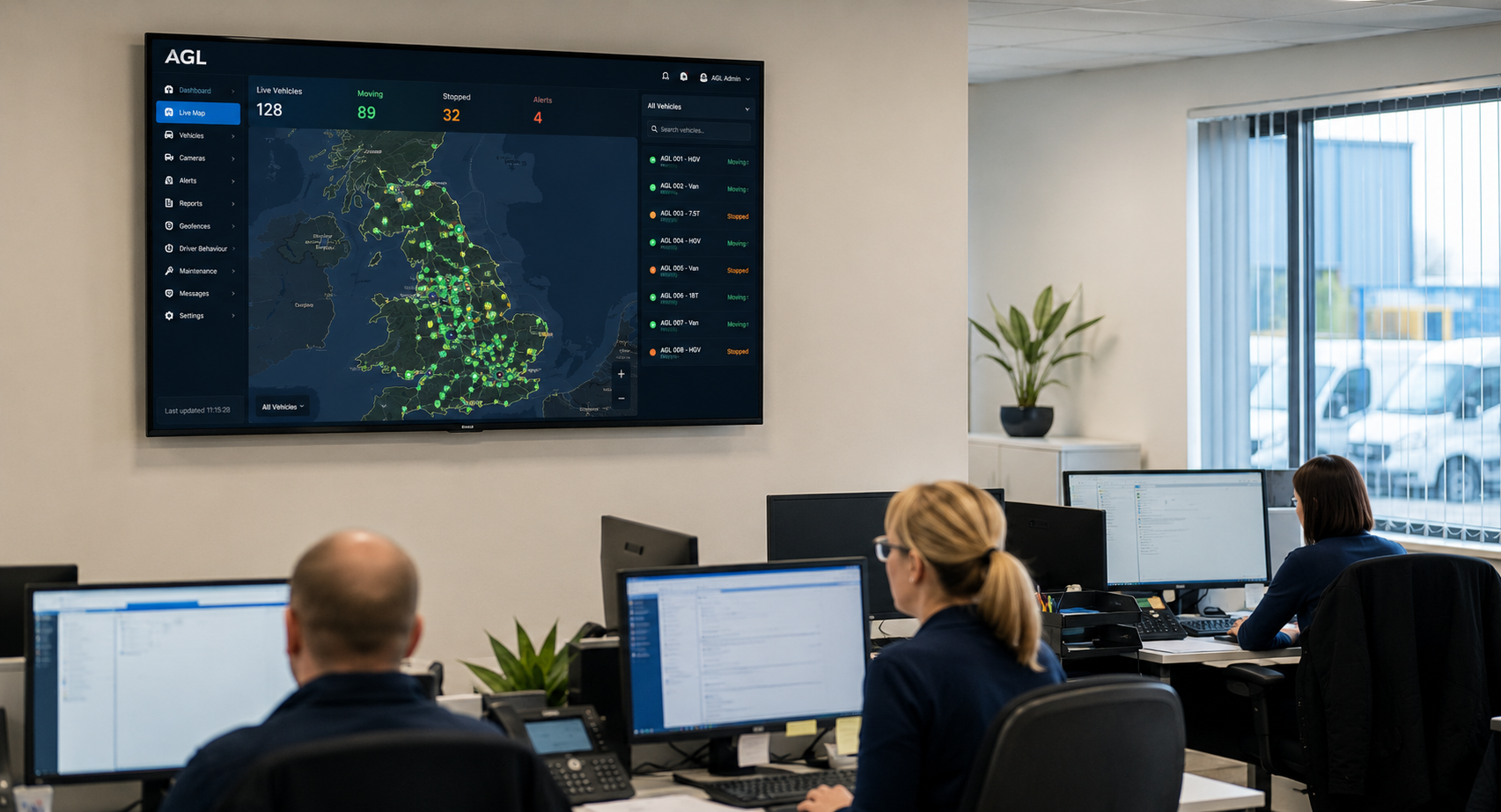 Fleet manager monitoring live vehicle tracking and telematics dashboards