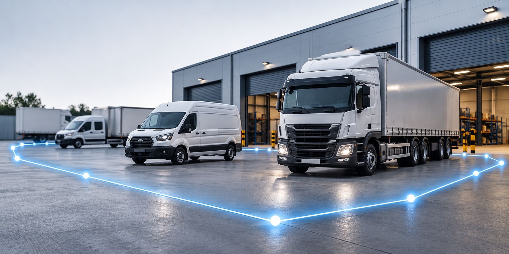 Commercial HGVs and vans at a depot with a GPS geofencing boundary showing monitored vehicle activity.