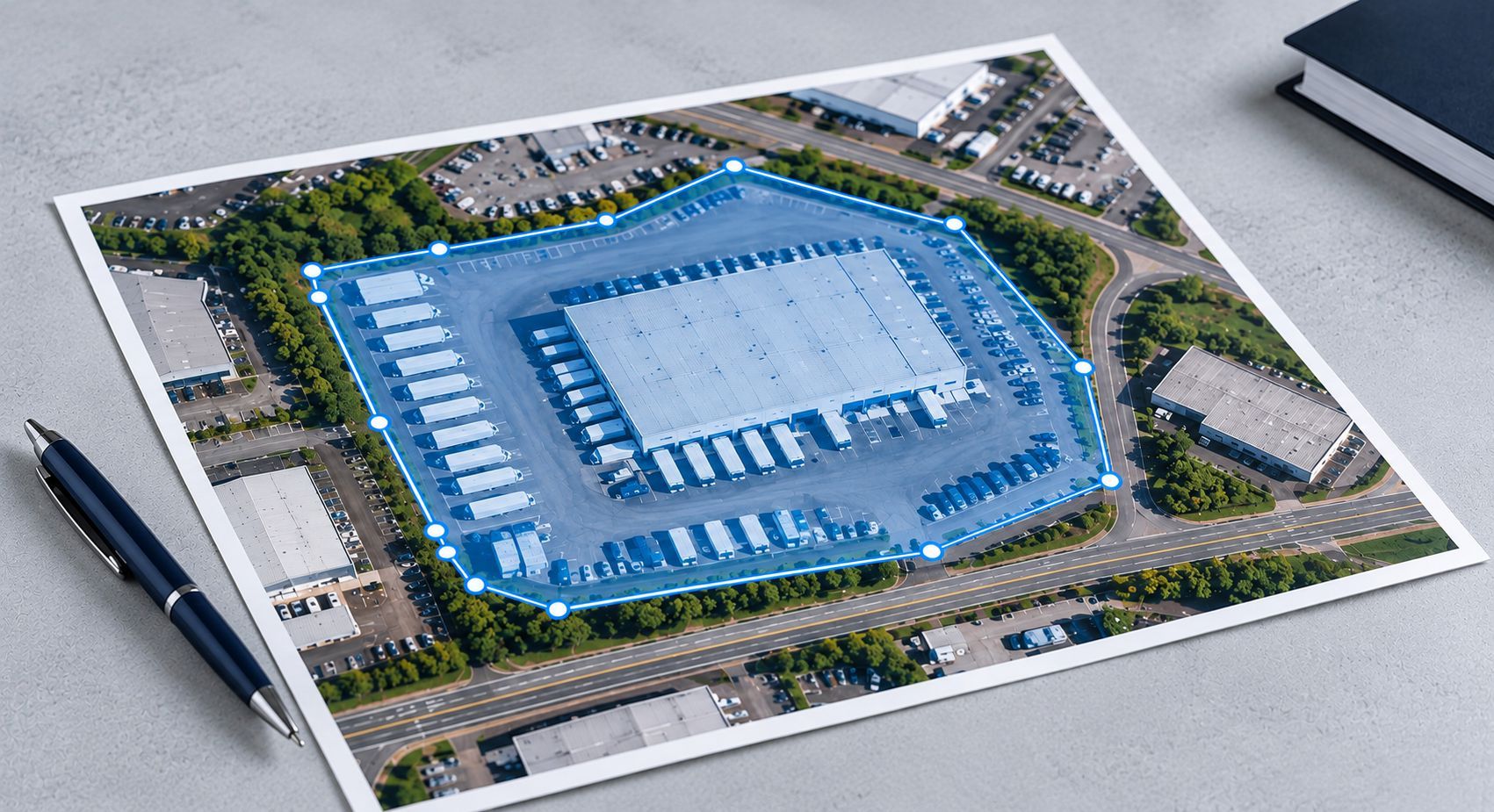 Tablet displaying a GPS geofence around a commercial vehicle depot with a vehicle location marker.