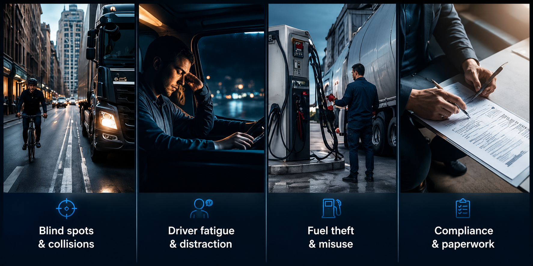 Transport and logistics fleet challenges including blind spots, driver fatigue, fuel misuse and compliance paperwork