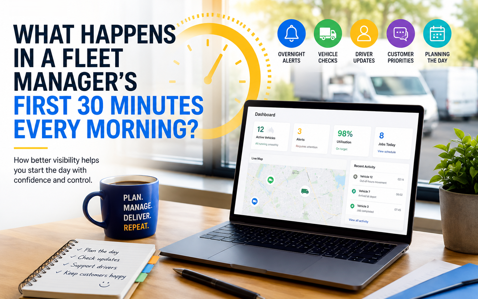 Fleet manager morning routine with dashboard, alerts and fleet planning overview.