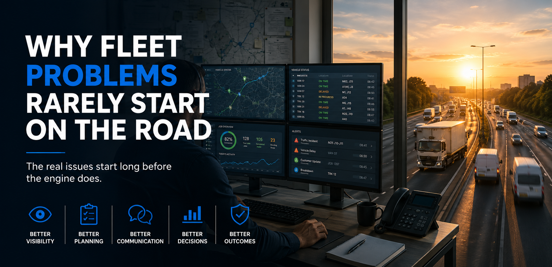 Fleet operations dashboard showing planning, communication and live vehicle data.