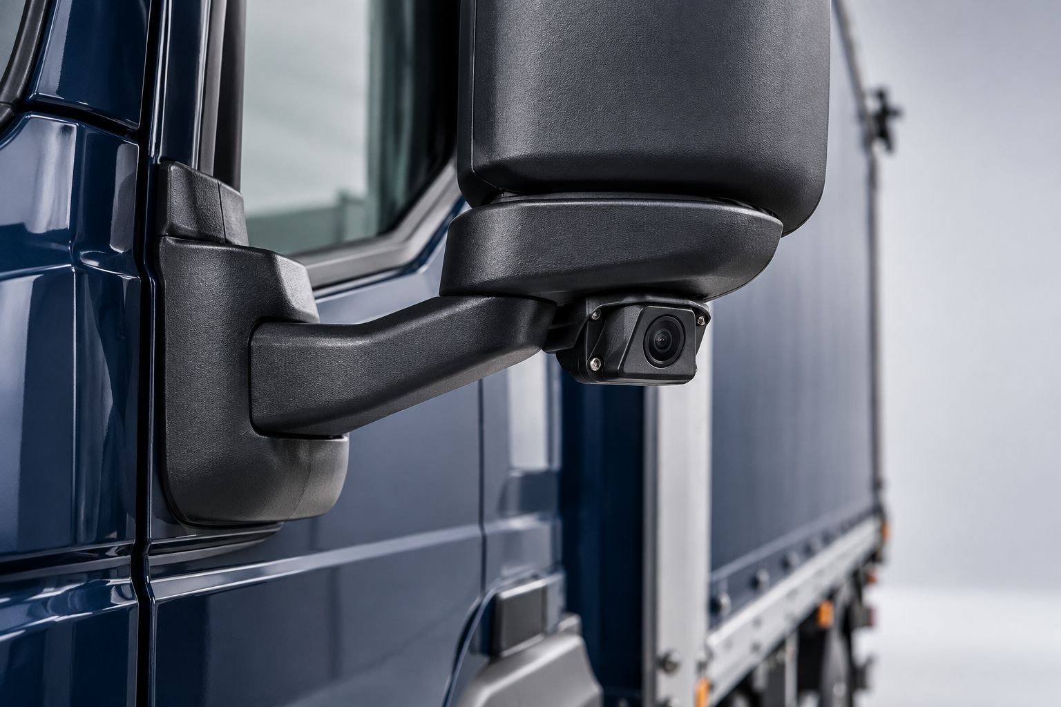 Side-view camera mounted beneath the wing mirror of a commercial HGV, providing additional camera coverage for fleet safety.