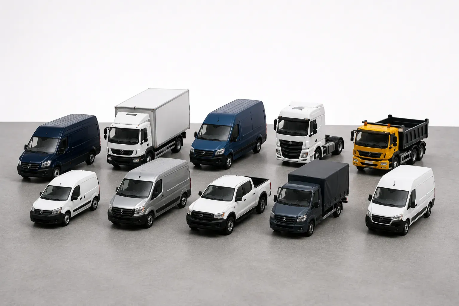 Mixed commercial vehicle fleet showing how fleet size affects tracking system requirements.
