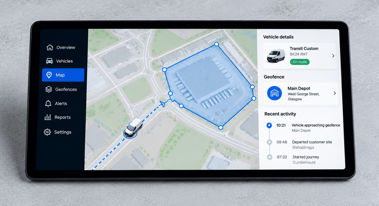 Fleet manager setting up a GPS geofence around a commercial vehicle depot using tracking software on a laptop.