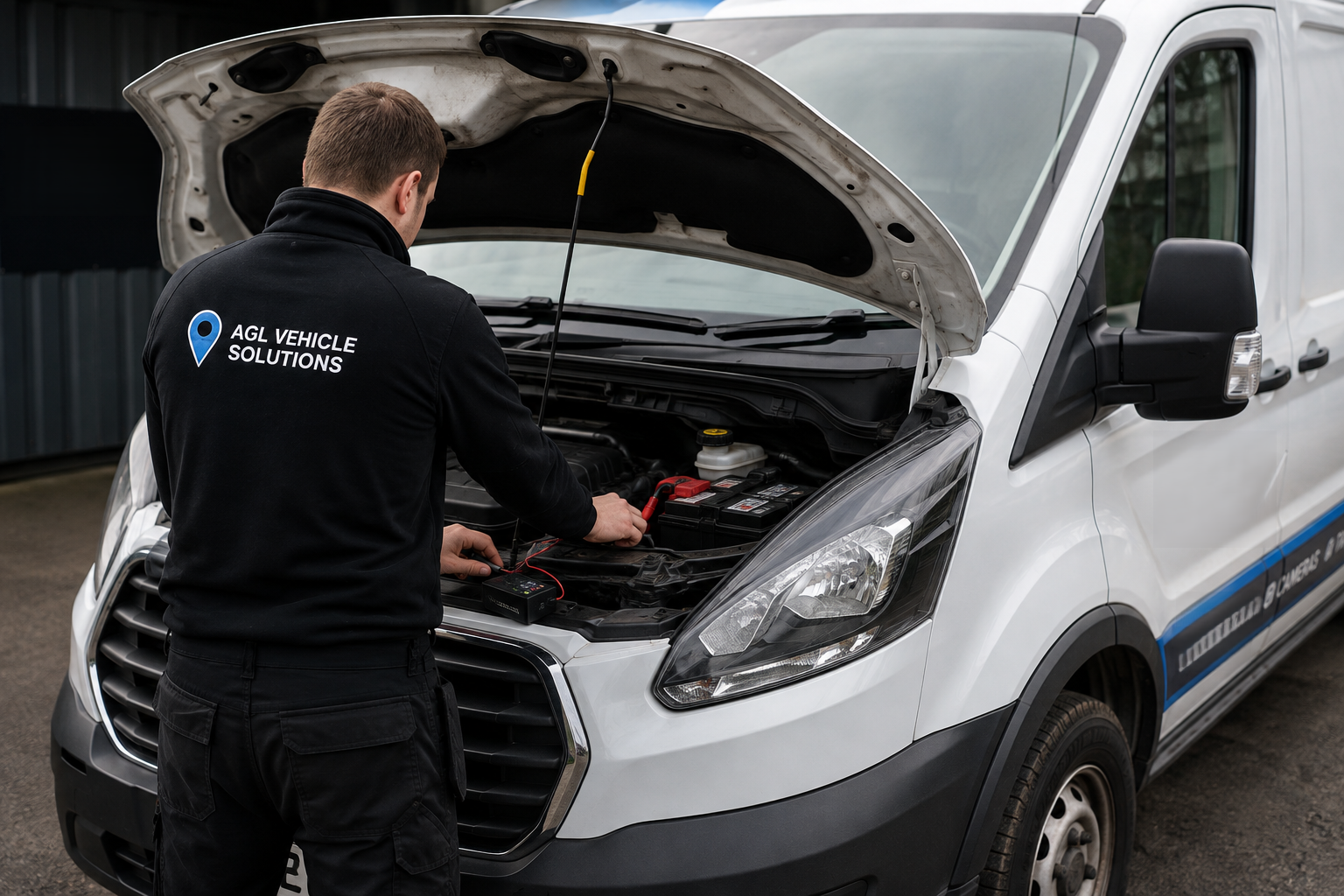 AGL engineer installing fleet technology in a commercial vehicle