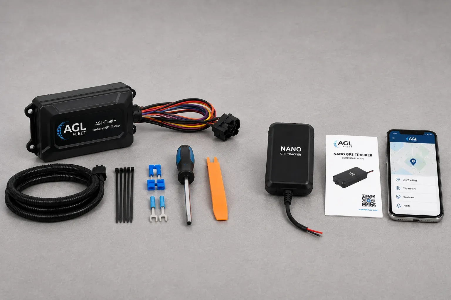 Hardwired and self-install fleet tracking options with professional installation tools.