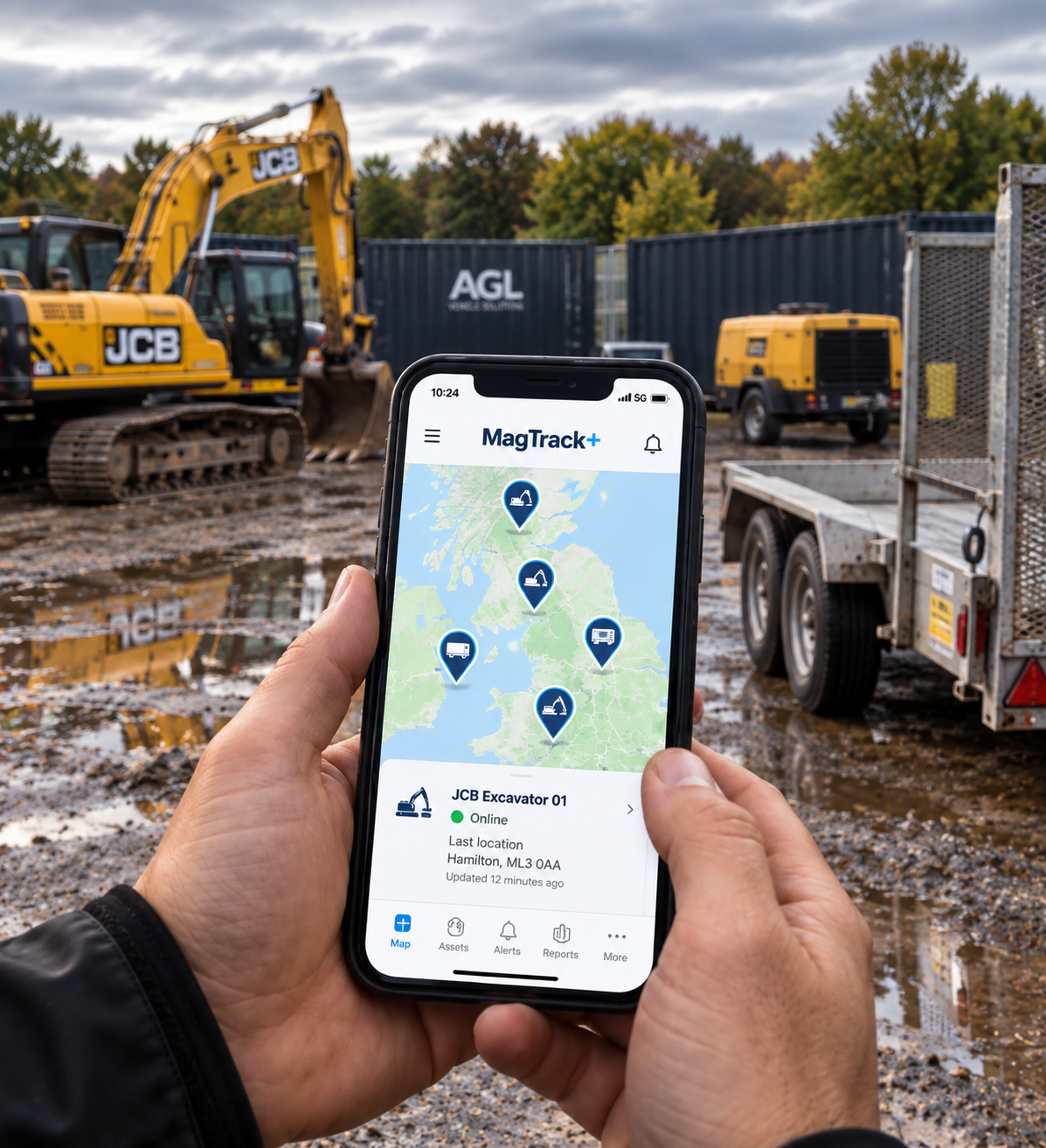MagTrack+ mobile app showing the AGL asset tracking platform
