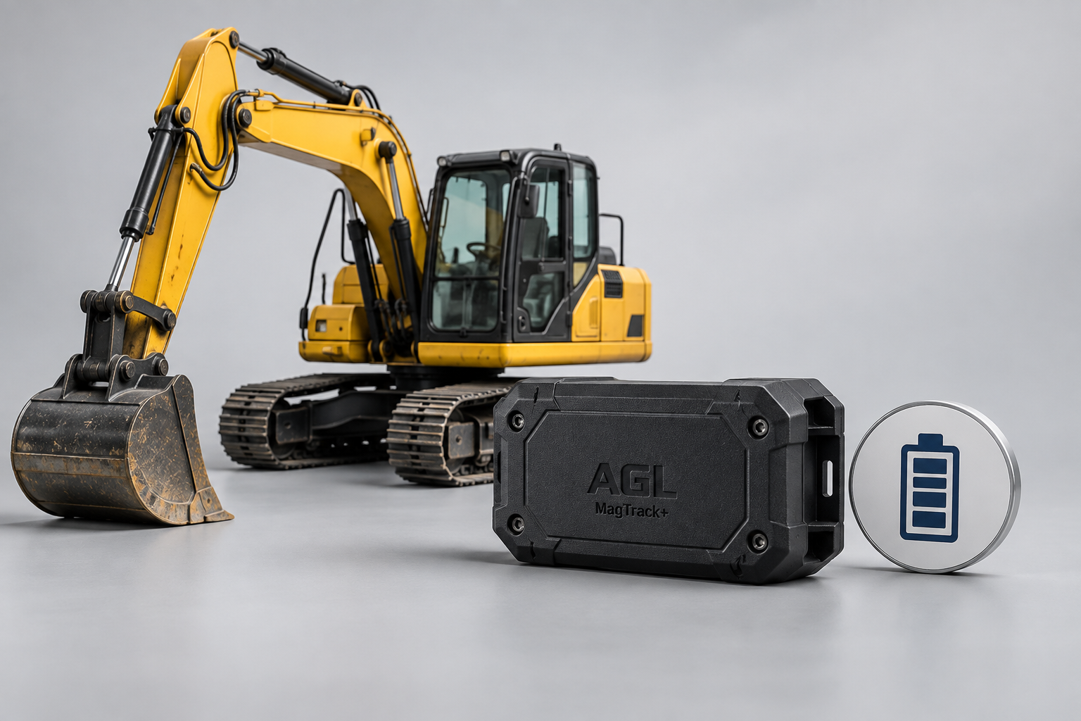 AGL MagTrack+ battery-powered GPS tracker beside a yellow excavator, showing plant tracking without vehicle power