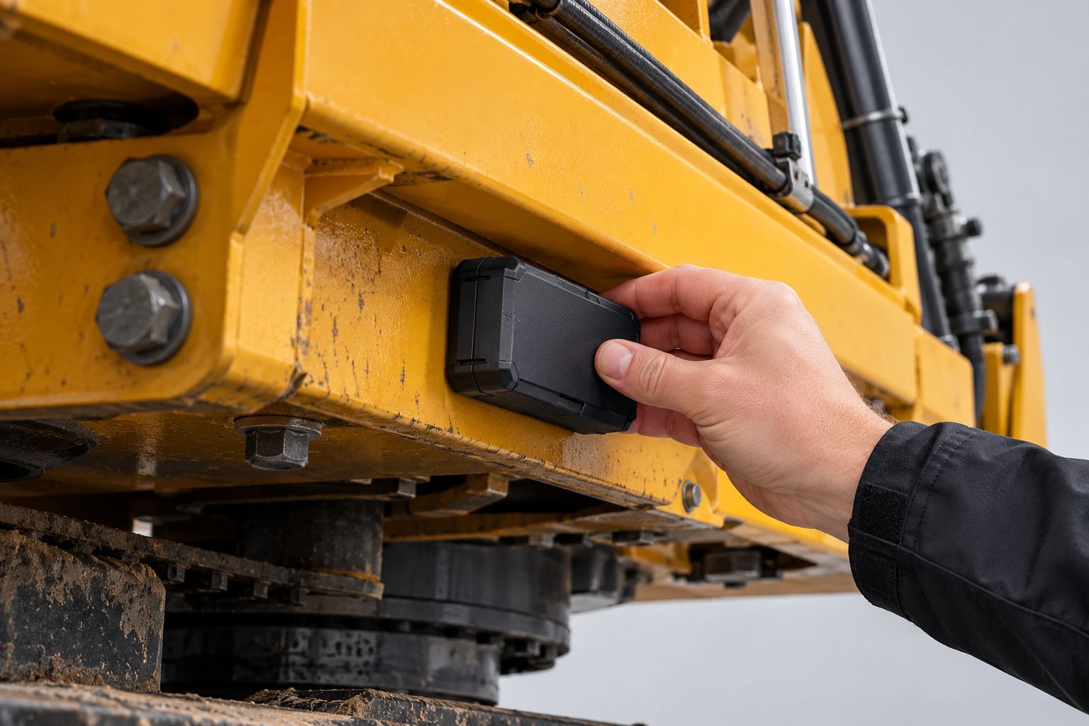 AGL MagTrack+ tracker being magnetically secured to a metal surface on plant machinery.