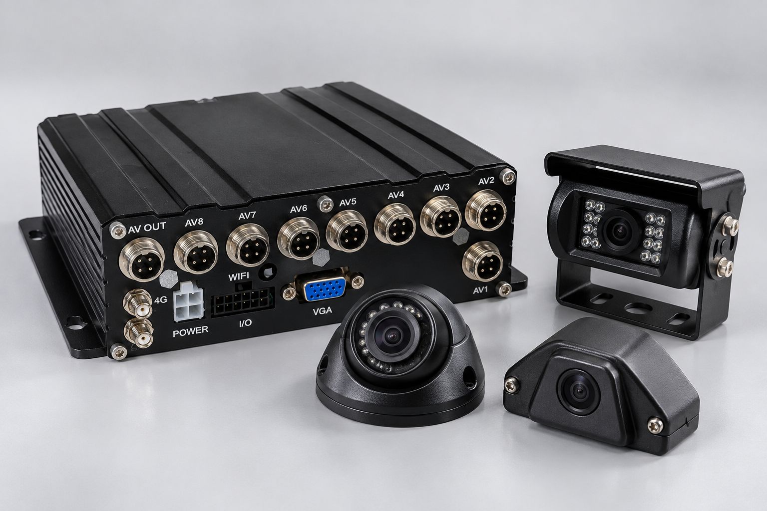 MDVR vehicle recording unit with multiple camera connections and three external cameras for commercial fleet monitoring.