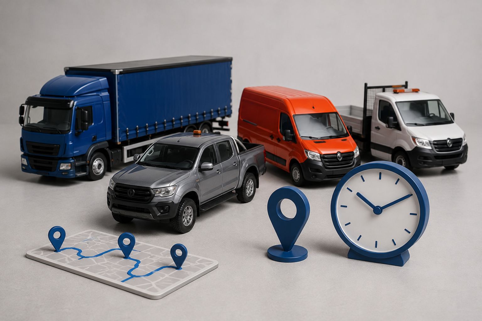 Commercial fleet vehicles with route and time icons representing vehicle demand and fleet utilisation.