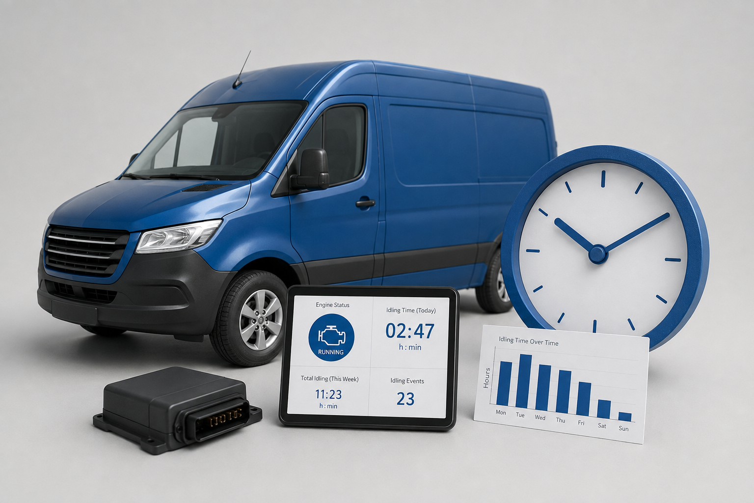 Fleet tracking showing vehicle idling time and engine running data
