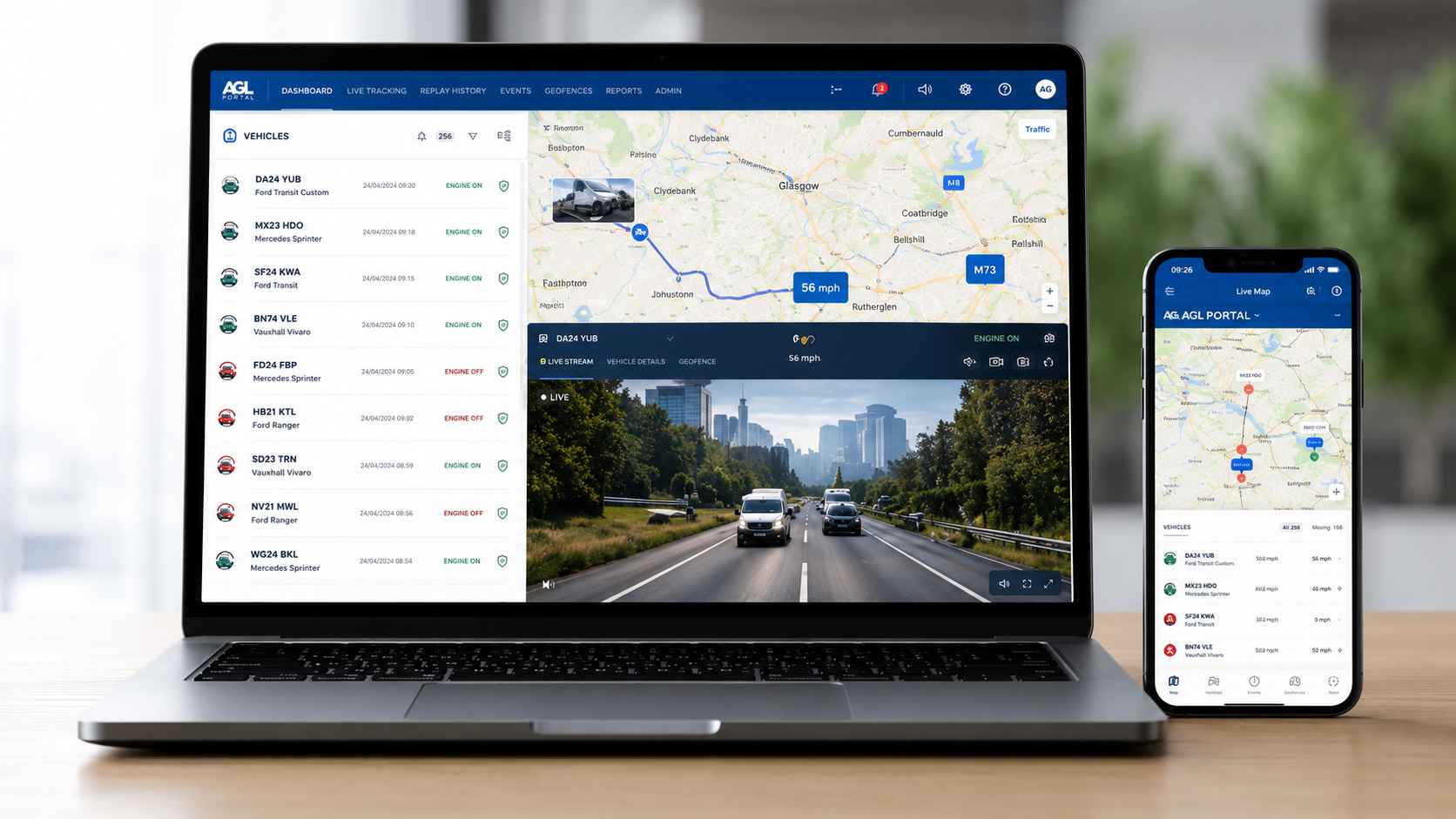 Fleet camera dashboard showing live vehicle footage and GPS tracking data