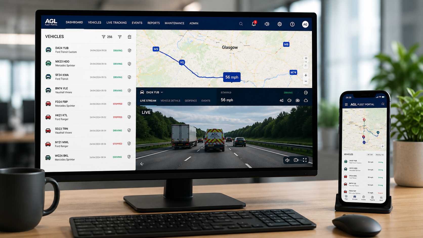 Fleet camera dashboard showing live vehicle footage and GPS tracking data