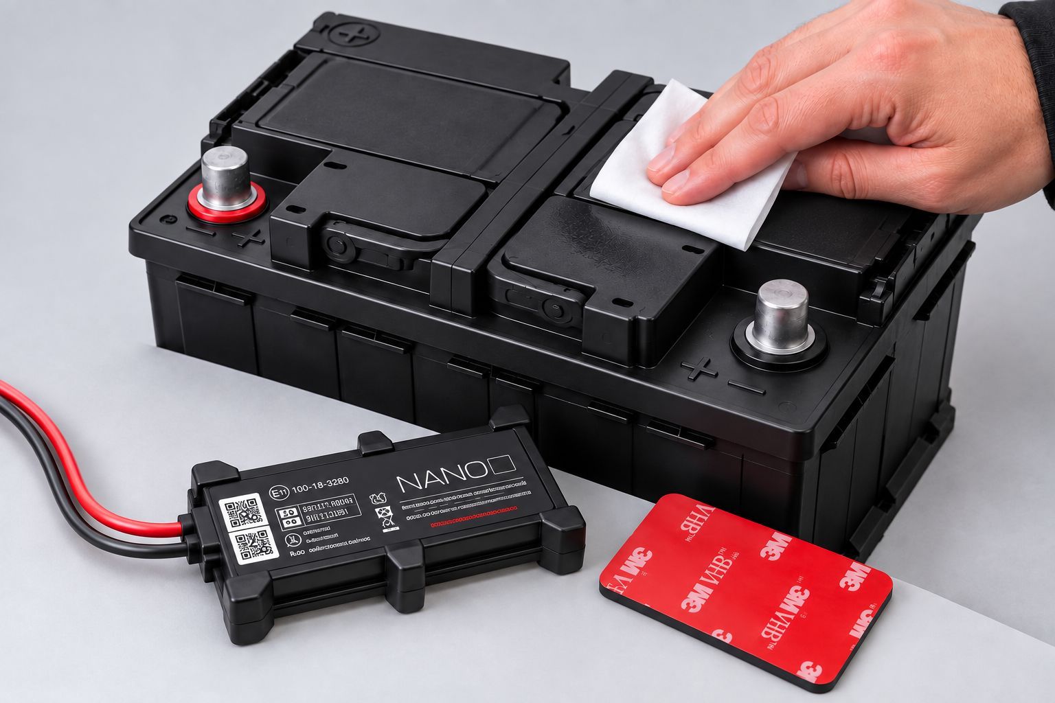 Vehicle battery being cleaned before securing an AGL Nano tracker with adhesive fixing.