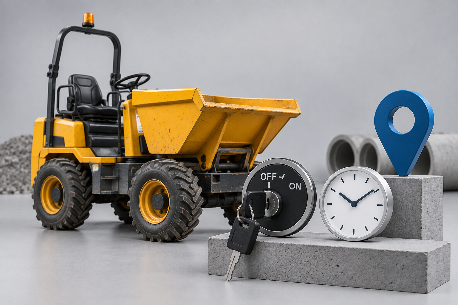 Yellow site dumper with ignition switched off, illustrating battery-powered GPS tracking while machinery is parked