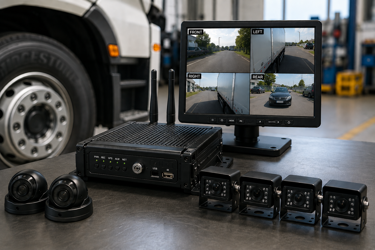 MDVR multi-camera vehicle recording system with live fleet monitoring display