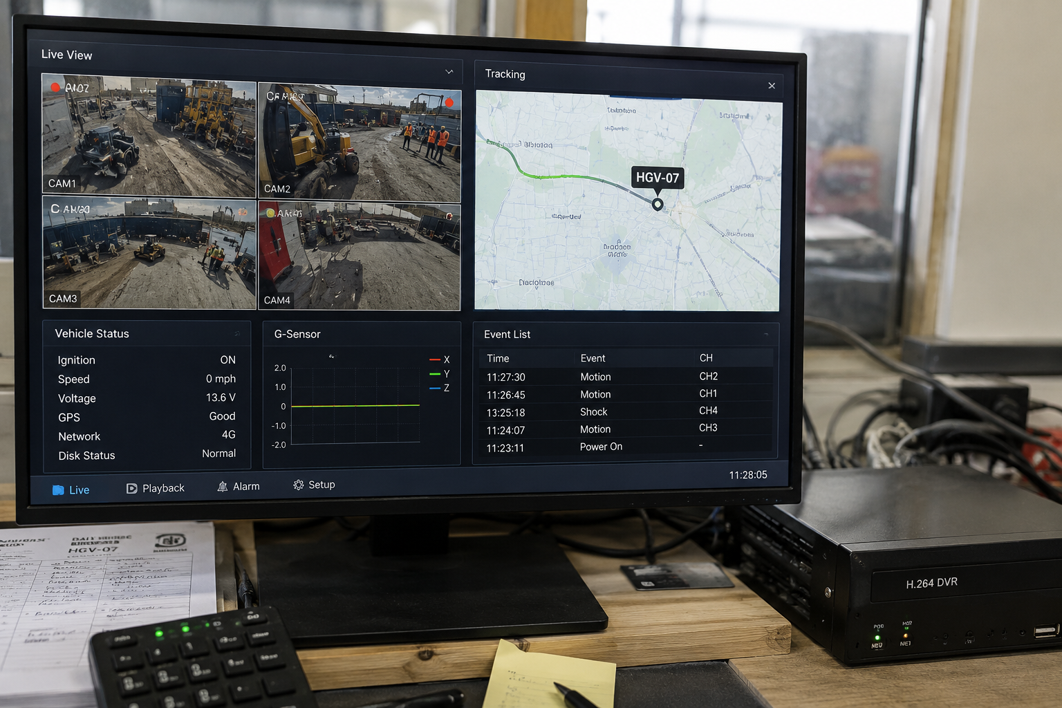 HFR fleet safety monitoring dashboard with live vehicle camera footage