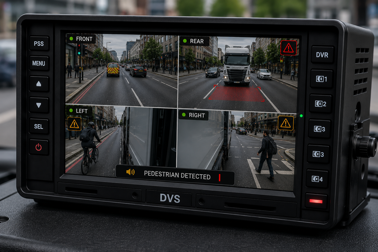 DVS camera system for commercial vehicle blind spot and road safety monitoring